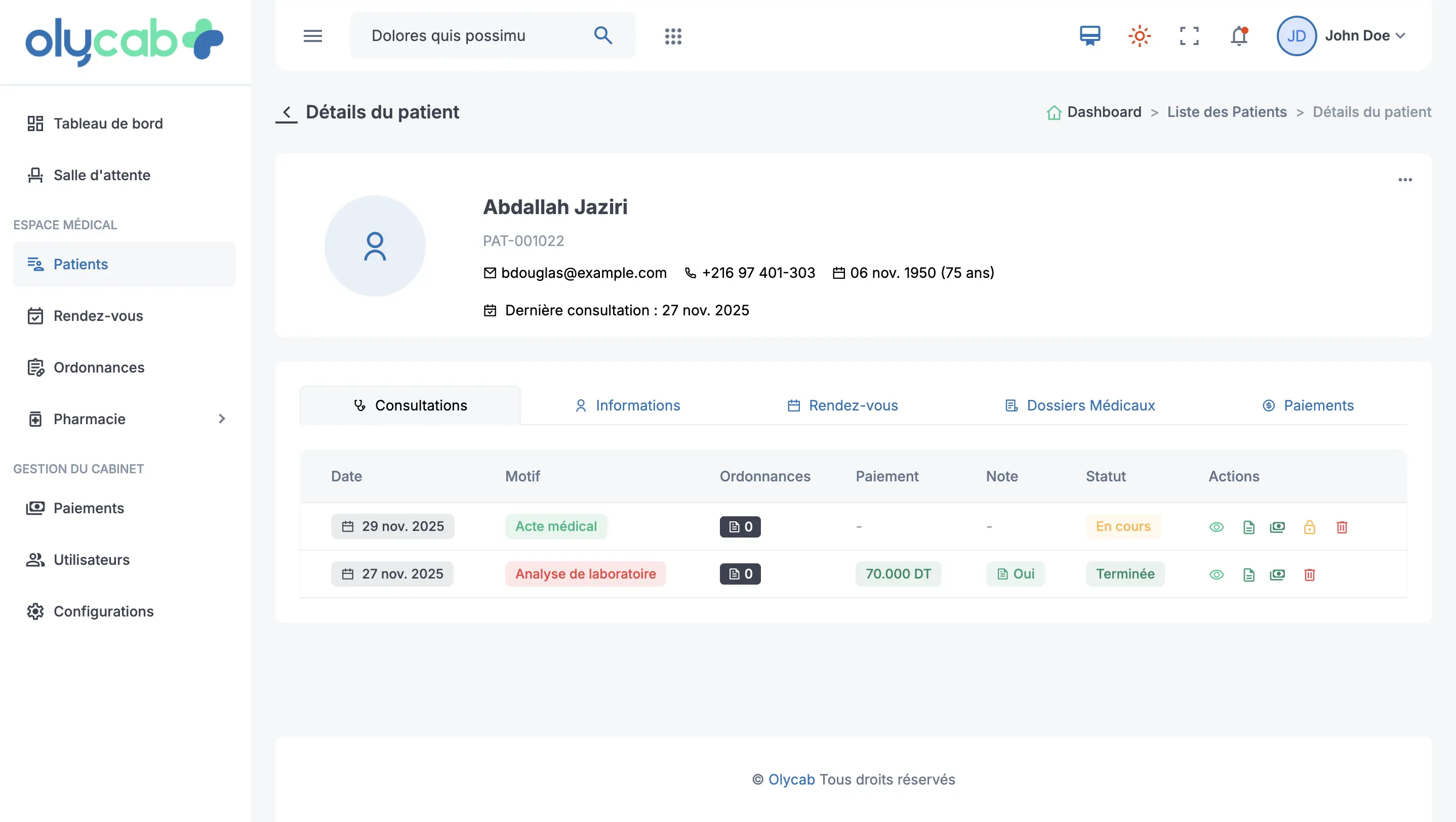 Gestion des Consultations sur la solution olycab